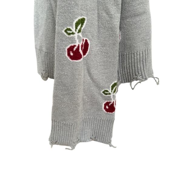 Cherry Sweater Knit Thrashed Womens Medium Grey Red V Back Grunge Cozy Punk - Picture 7 of 11
